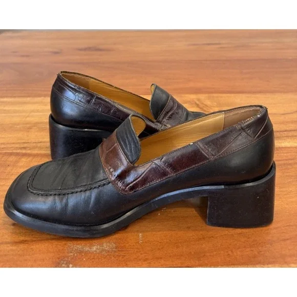 Black Chunky Leather Square Toe Oxford Heeled Shoes Grunge Clueless Y2K VTG 8 B‎ - Picture 8 of 8